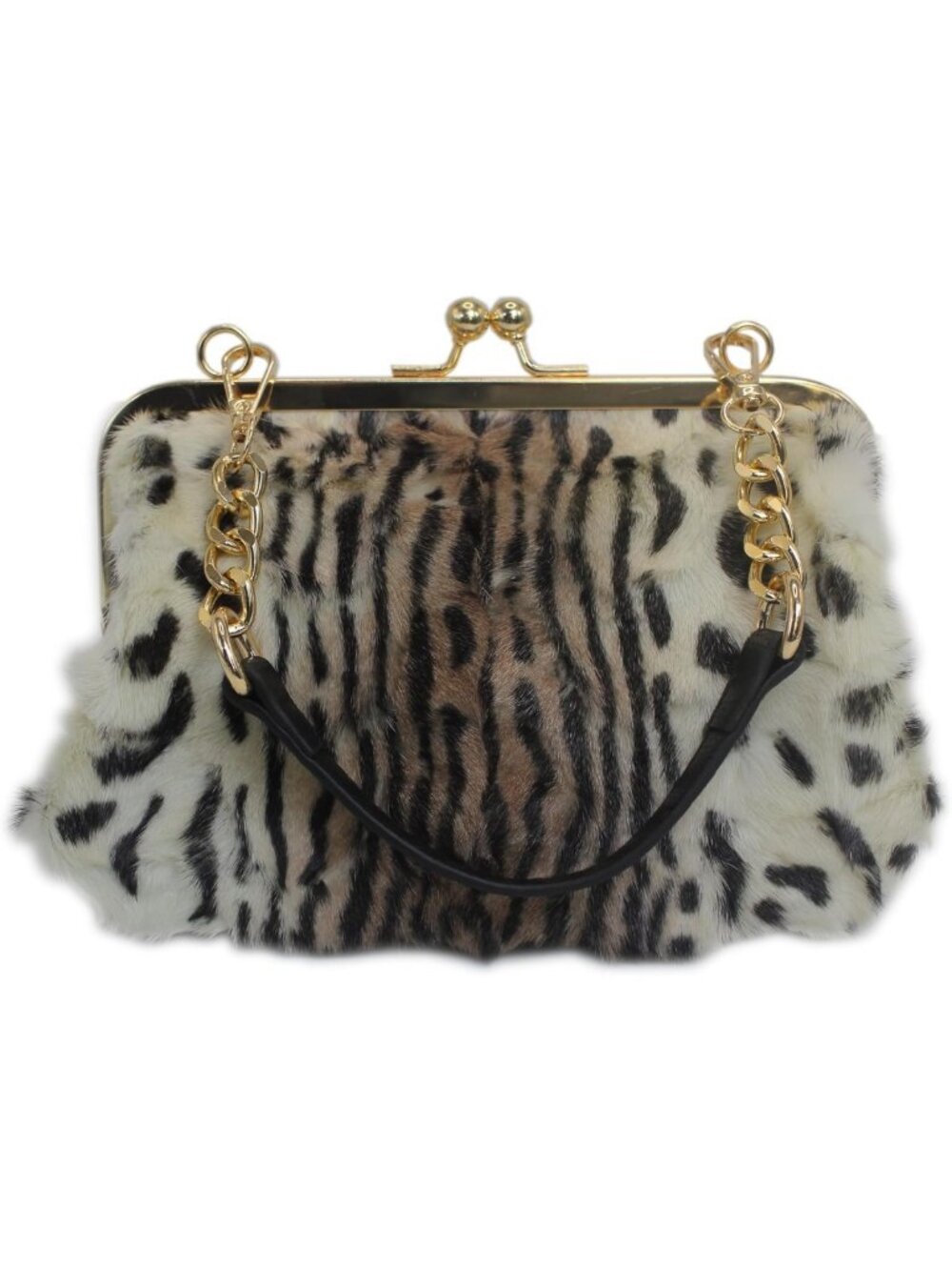 Luxury Leopard Print Mink Fur Handbag – Small Kiss Lock Purse with Gold Chain